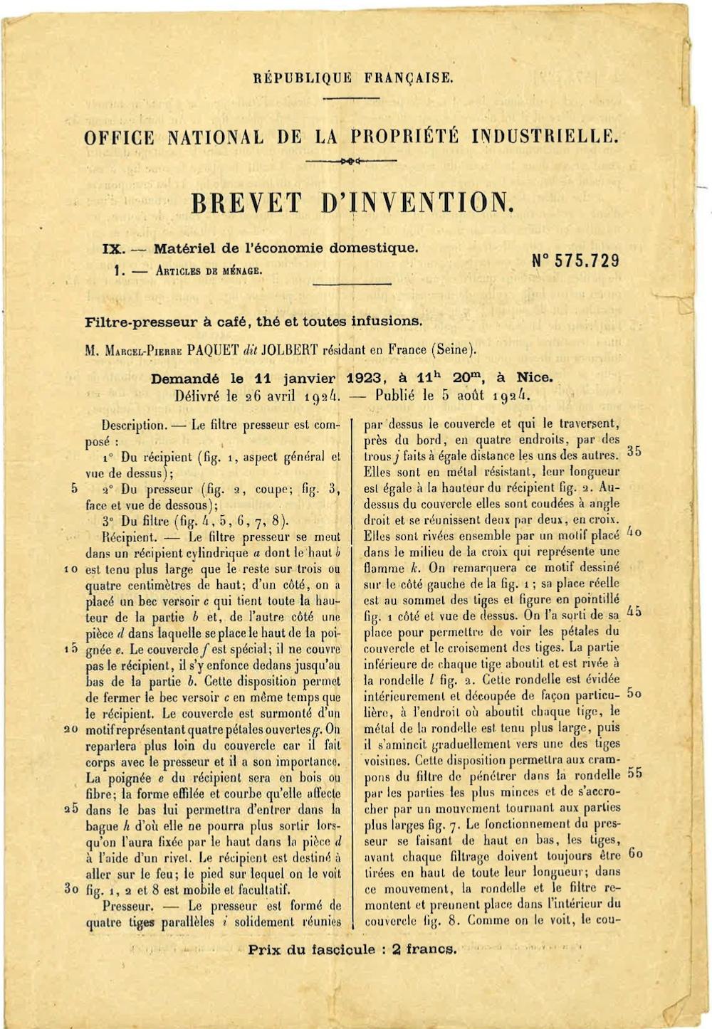 Page 1 du brevet d'invention N575.729 de l'ONPI dat du 5 aout 1924 - Filtre-presseur  caf, th e