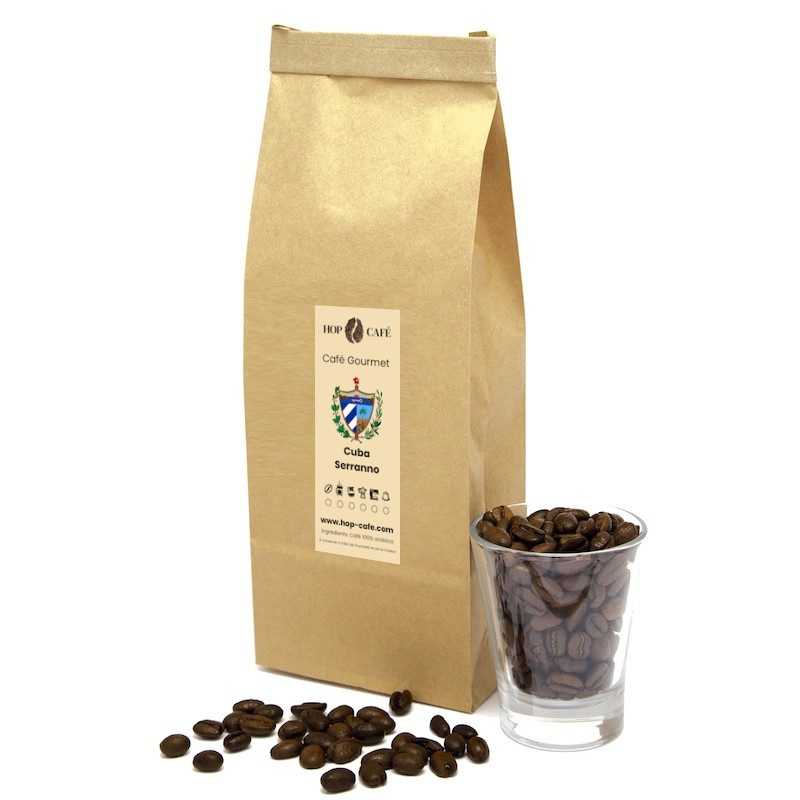 Sachet kraft contenant du café en grains grand cru Cuba Serrano, décliné en 250g, 500g et 1Kg