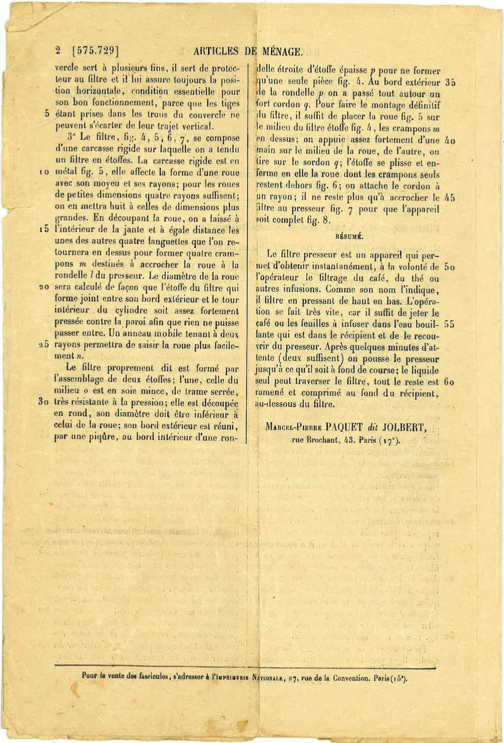 Page 2 du brevet d'invention N°575.729 de l'ONPI daté du 5 aout 1924 - Filtre-presseur à café, thé e