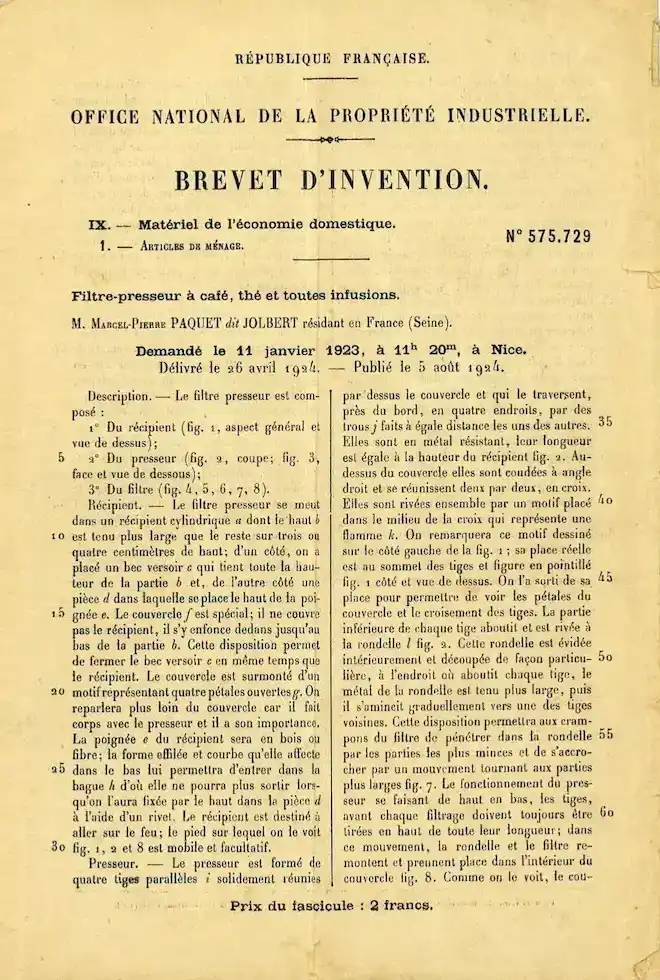 Brevet Invention Filtre-presseur à café, thé et infusion -Page 1